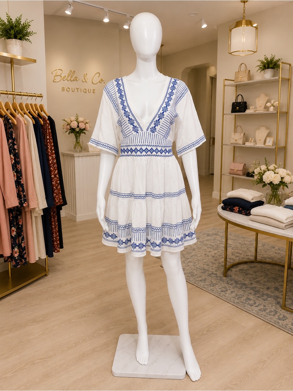 Lulu's White Mini Dress with Blue Embroidered Trim - V-Neck Tiered Babydoll
